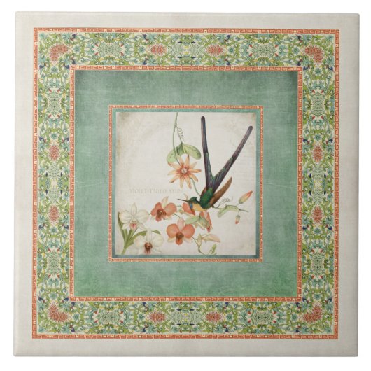 Blumen der Chinoiserie-Vintage Kolibri-n Fliese (Vorderseite)