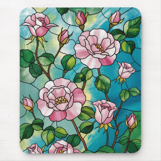 Blumen-Effekt mit Glasmalerei Rosa Blumen Botanisc Mousepad (Vorne)
