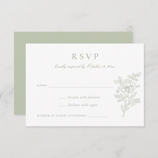Blumen Elegant Sage Green Wedding RSVP Einladung (Vorne/Hinten)