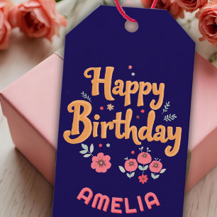 Blumen Florale Happy Birthday Handlettering  Geschenkanhänger