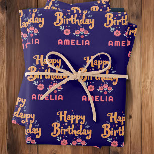 Blumen Florale Happy Birthday Handlettering Geschenkpapier Set