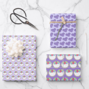 Blumen-Fondant-Rosen-Hochzeitstorte Lila Herz Geschenkpapier Set