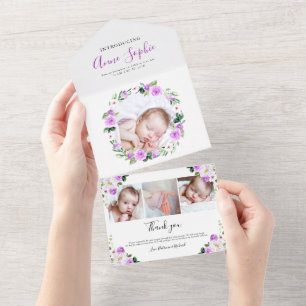 Blumen-Foto-Geburtsanzeige und Dankeskarten All In One Einladung