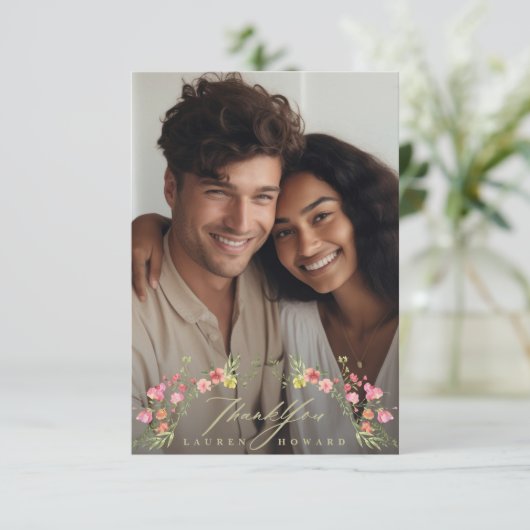 Blumen-Foto-Hochzeit Dankeskarte (Stehend Vorderseite)