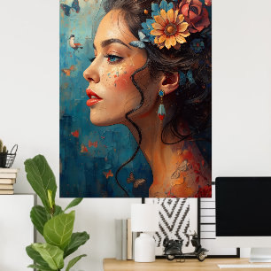 Blumen-Frauenporträt-Kunstposter   Schmetterlinge  Poster
