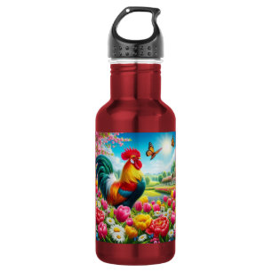 Blumen-/Frühlingshahn/-huhnkunstwerk  Edelstahlflasche