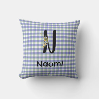 Blumen-Gingham Blau Grün Monogramm-Muster Kissen