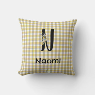 Blumen-Gingham-Gelb-Grau-Muster Monogramm Kissen