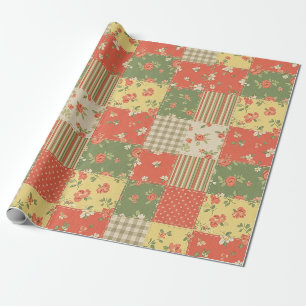 Blumen-Gingham-Patchwork im Vintage-Landhausstil Geschenkpapier