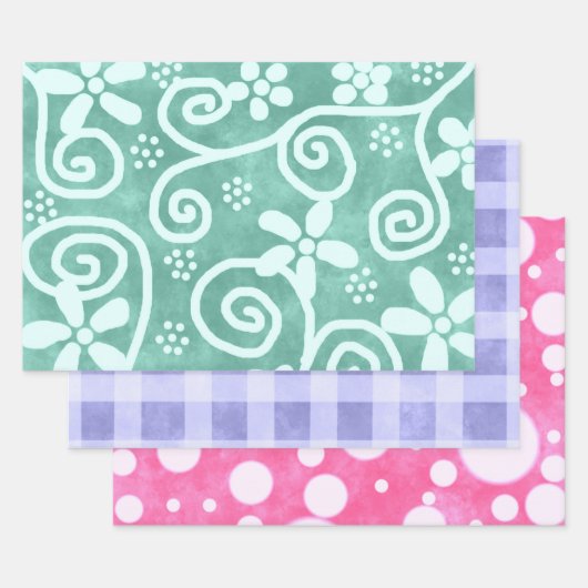 Blumen-Gingham-Punkte-Mehrfarbiges Muster-Decoupag Geschenkpapier Set (Set)