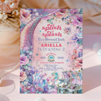 Blumen Glitter Meerjungfrauenschwanz 5. Geburtstag Einladung