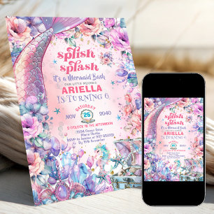 Blumen Glitter Meerjungfrauenschwanz 6. Geburtstag Einladung