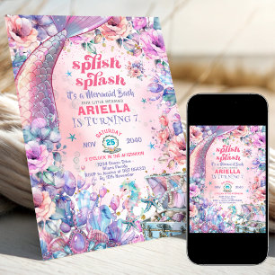 Blumen Glitter Meerjungfrauenschwanz 7. Geburtstag Einladung