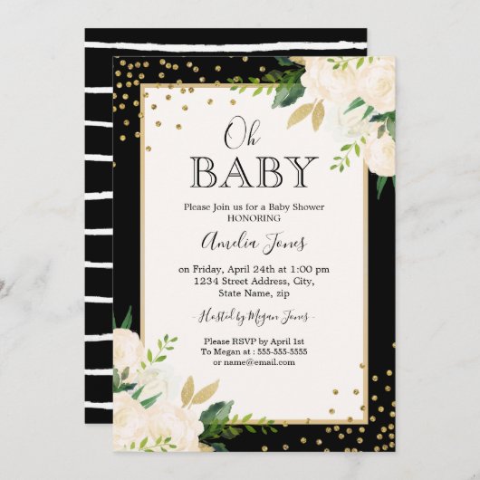 Blumen Glitzer Gold Black Stripes Oh Babydusche Einladung (Vorne/Hinten)