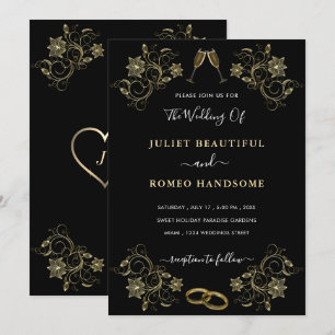 Blumen-Gold auf schwarzen Hochzeitseinladungen Bei Mitteilungskarte