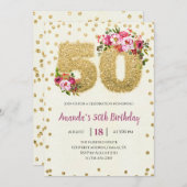 Blumen & Gold Glitzer 50. Geburtstag Einladung (Vorne/Hinten)