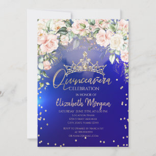 Blumen Gold Tiara Diamanten Blaue Quinceañera Einladung
