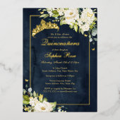 Blumen Golden Butterfly Navy Quinceanera Folieneinladung (Vorderseite)