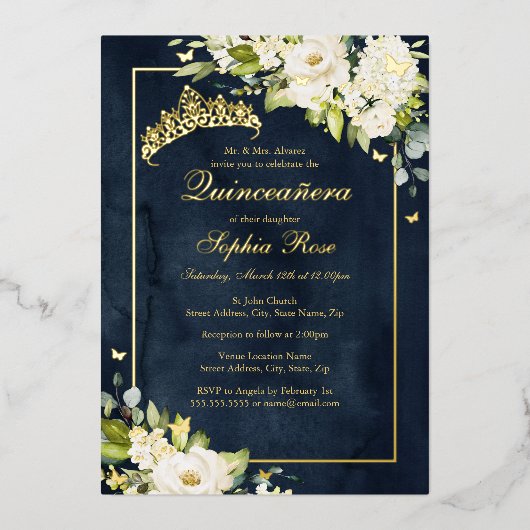 Blumen Golden Butterfly Navy Quinceanera Folieneinladung (Vorderseite)