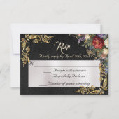 Blumen & Goldene Blätter - Schwarze RSVP Karte (Vorderseite)
