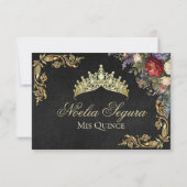 Blumen & Goldene Blätter - Schwarze RSVP Karte (Rückseite)