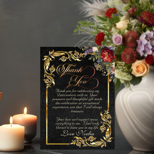 Blumen, Goldene Blätter und Diadem - Schwarze Quin Dankeskarte