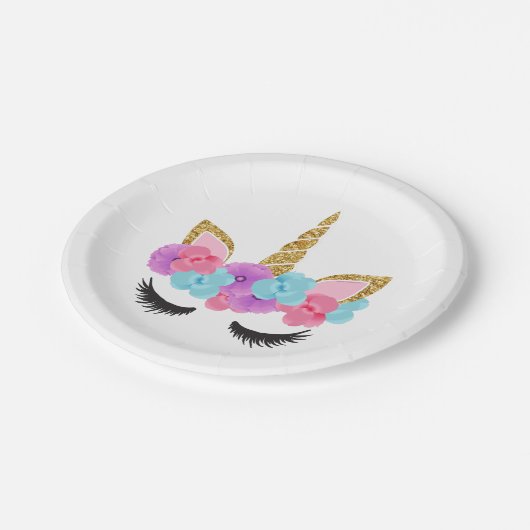 Blumen-Goldmagische Unicorn-Mädchen Pappteller (Schrägansicht)