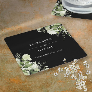 Blumen Grün Elegante Schwarz-Weiße Hochzeit Rechteckiger Pappuntersetzer