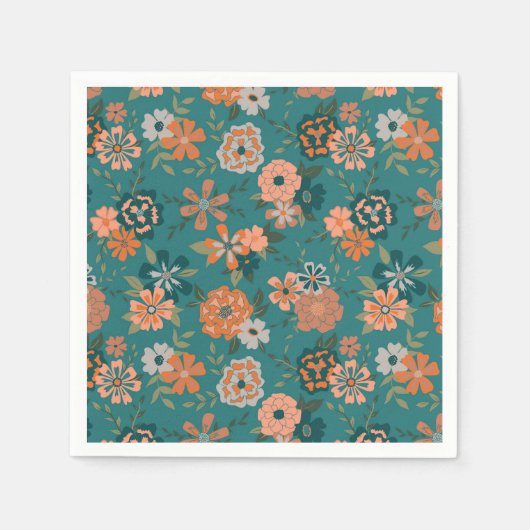 Blumen Grün Orange Botanisches Muster Serviette (Vorderseite)