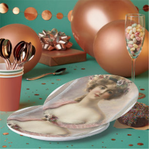 Blumen-Haar-Frau Vintage Papier-Teller Pappteller