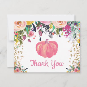 Blumen-Herbst-Kürbis-Rosa-Gold-Glitter-Konfetti Dankeskarte