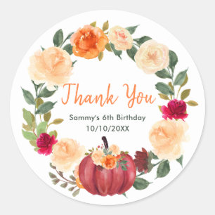 Blumen-Herbst-Kürbisse Geburtstagsfeier Danke Runder Aufkleber