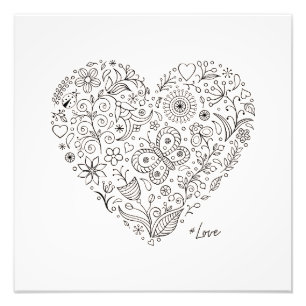 Blumen-Herz-Doodle Romantische Botanische Linienku Fotodruck