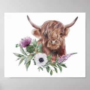 Blumen-Hochlandkuh-Aquarell-Decoupage-Druck Poster