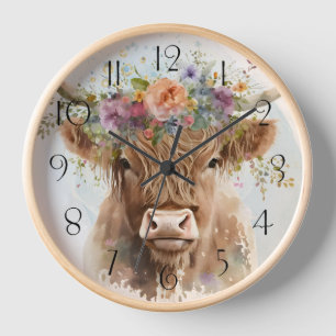 Blumen-Hochlandkuh-Aquarell Uhr