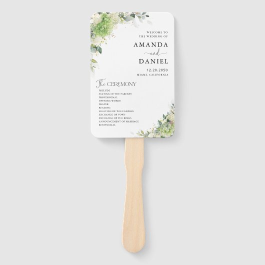 Blumen-Hortensien-Hochzeitsprogramm-Handfächer Fächer (Vorderseite)