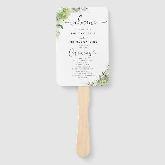 Blumen-Hortensien-Hochzeitsprogramm-Handfächer Fächer (Vorderseite)