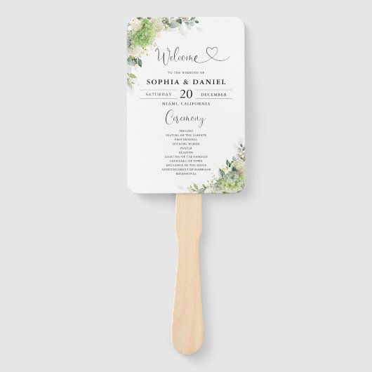Blumen-Hortensien-Hochzeitsprogramm-Handfächer Fächer (Vorderseite)