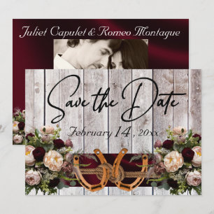 Blumen & Hufeisen, Hochzeit mit burgunderfarbenem  Save The Date