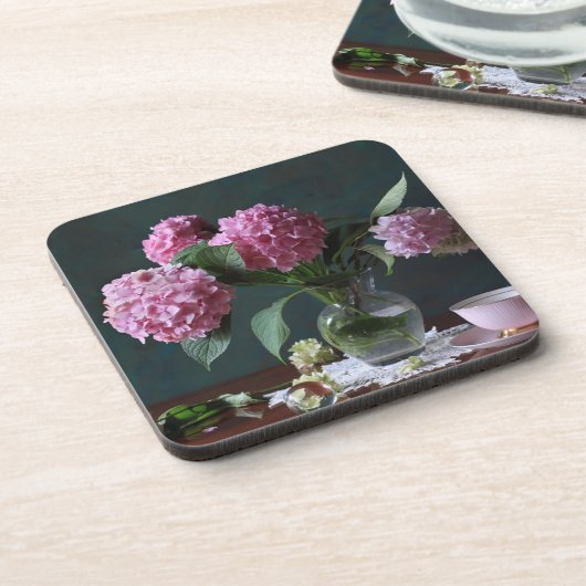 Blumen | Hydrangeas in Vase Getränkeuntersetzer (Linke Seite)