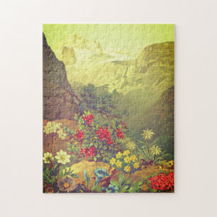 Blumen im Vintage-Look, Berglandschaft Puzzle