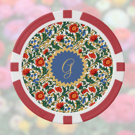 Blumen im Willam Morris Stil Blau Rot Gold Vintage Pokerchips