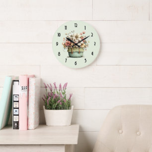 Blumen in einem Topf Gemütlich Shabby Cute Große Wanduhr