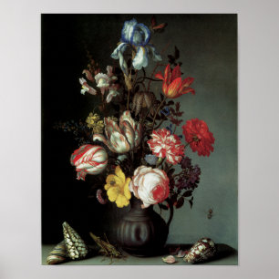 Blumen in einer Vase mit Muscheln und Insekten Poster