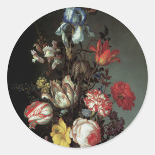 Blumen in einer Vase mit Muscheln und Insekten Runder Aufkleber