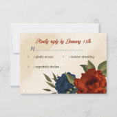 Blumen in Orange und Marineblau Hochzeit RSVP Karte (Vorderseite)
