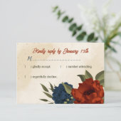Blumen in Orange und Marineblau Hochzeit RSVP Karte (Stehend Vorderseite)
