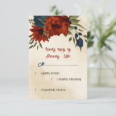 Blumen in Orange und Marineblau Hochzeit RSVP Karte (Stehend Vorderseite)