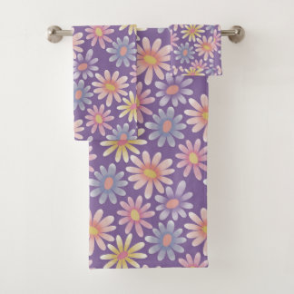 Blumen in Pastellfarben auf Violett Badhandtuch Set