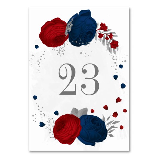 Blumen in Rot- und Marineblau, silberne Blätter Ho Tischnummer (Vorderseite)